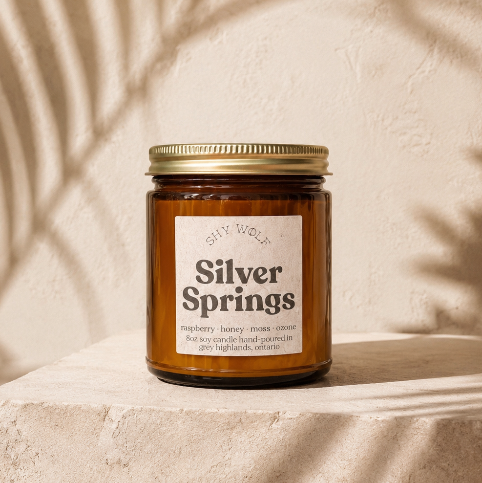 An amber glass jar candle with a gold lid and a cream label reading 'shy wolf Silver Springs' sits on a textured stone pedestal against a warm beige wall with palm leaf shadows.